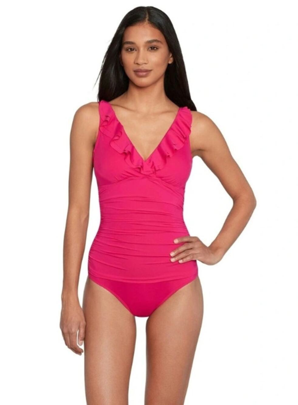 LAUREN RALPH LAUREN Ruffle One Piece Swimsuit Size 4 Orchid Pink Beach Club NWT